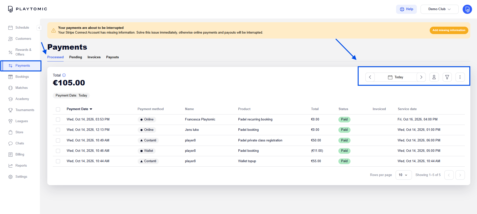 Pagamenti > Processati in Playtomic Manager, con il selettore delle date, la ricerca clienti, i filtri e il menu dei tre puntini evidenziati